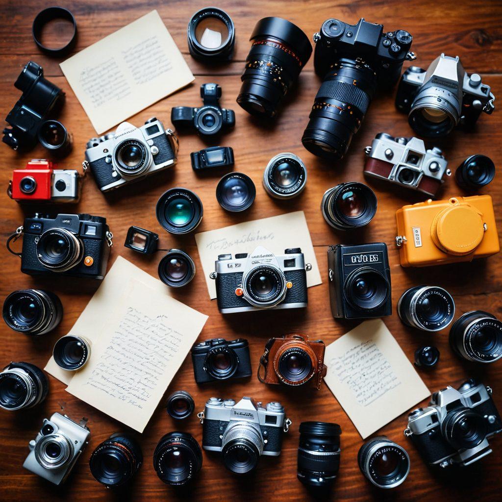 An artistically arranged flat lay of various cameras ranging from vintage to modern DSLRs, surrounded by photographs capturing different styles like landscapes and portraits. A warm, inviting light setting the mood, with intricate details showcasing camera features and accessories like lenses and tripods. A notepad with handwritten notes on photography tips nearby. The background has blurred out bokeh effects to add depth and beauty. super-realistic. vibrant colors. soft focus.