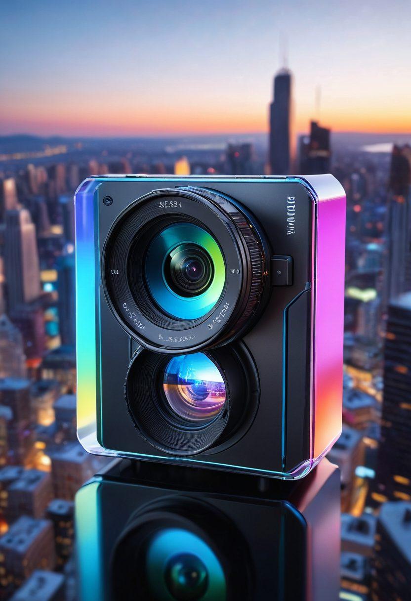 A dynamic composition showcasing a futuristic camera, surrounded by floating holographic displays of the latest photography trends and innovations, with a backdrop of a digital cityscape. The camera features advanced lenses and sleek design elements that signify cutting-edge technology. Integrate vibrant colors to emphasize the energy of the trends being depicted. super-realistic. vibrant colors. white background.