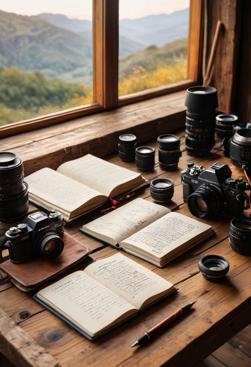 A captivating scene showcasing a diverse array of photography gear including cameras, lenses, tripods, and accessories on a wooden table. In the background, a blurred picturesque landscape highlighting the stunning results of great photography. A notebook and pen are open with handwritten tips beside the gear, representing the journey from amateur to ace. Soft, warm lighting enhances the moment of inspiration. super-realistic. vibrant colors. natural light.